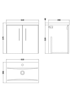 [BFLE123A] Bramshall Contemporary 2 Door Wall Hung Vanity Basin Unit with Mid-Edge Basin, Choice of Size and Colour - Line Drawing