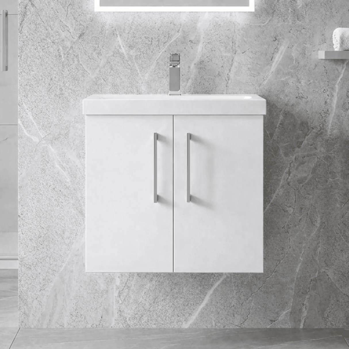 [BFLE123A] Bramshall Contemporary 2 Door Wall Hung Vanity Basin Unit with Mid-Edge Basin, Choice of Size and Colour - Silo