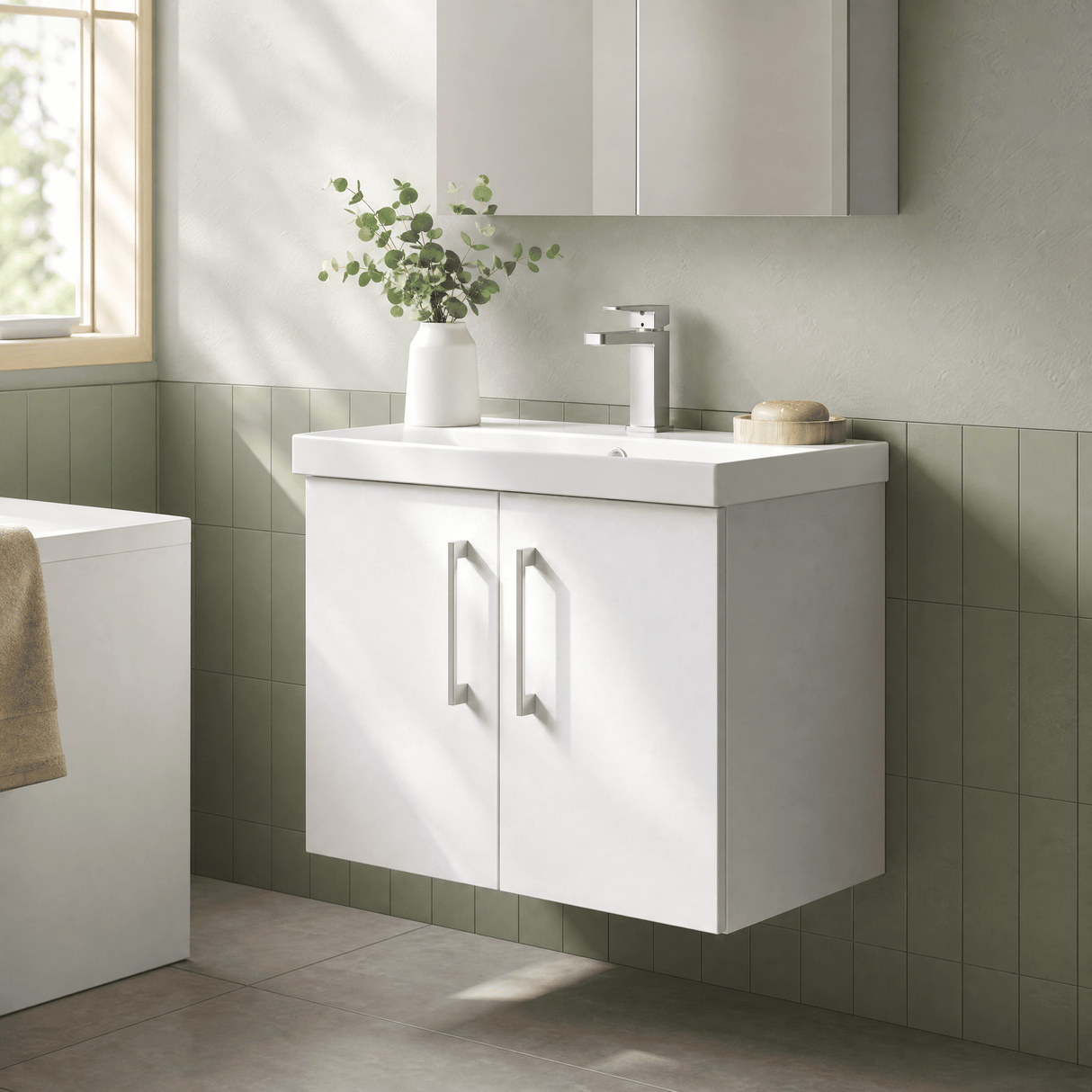 [BFLE123D] Balterley  Contemporary Bathroom 2 Soft Close Door & Thin-Edge Vanity Unit Basin, Gloss White, 600mm - Lifestyle 3