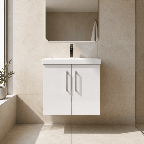 [BFLE123D] Balterley  Contemporary Bathroom 2 Soft Close Door & Thin-Edge Vanity Unit Basin, Gloss White, 600mm - Silo