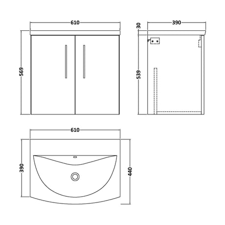 [BFLE123G] Balterley  Contemporary Bathroom 2-Door Wall-Hung Curved Basin Vanity Unit, Gloss White, 600mm - Technical Drawing