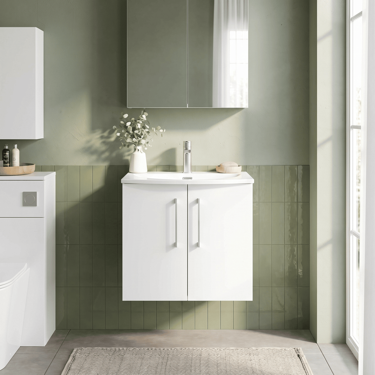 [BFLE123G] Balterley  Contemporary Bathroom 2-Door Wall-Hung Curved Basin Vanity Unit, Gloss White, 600mm - Lifestyle 1