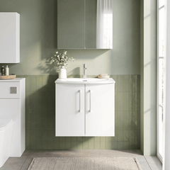 [BFLE123G] Balterley  Contemporary Bathroom 2-Door Wall-Hung Curved Basin Vanity Unit, Gloss White, 600mm - Lifestyle 1