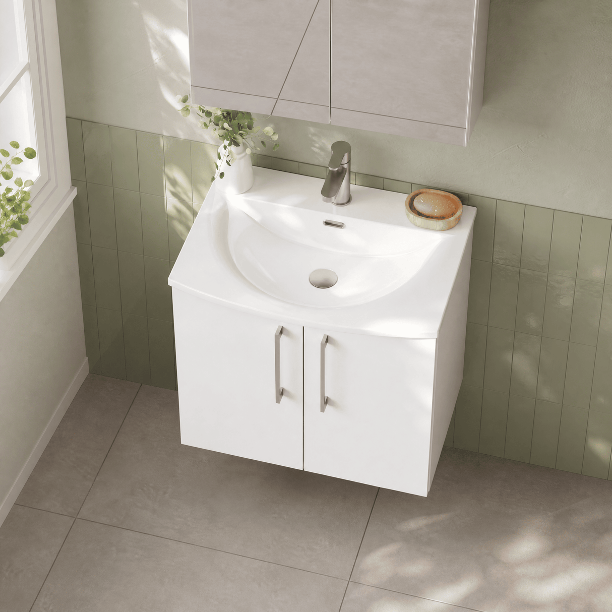 [BFLE123G] Balterley  Contemporary Bathroom 2-Door Wall-Hung Curved Basin Vanity Unit, Gloss White, 600mm - Lifestyle 2