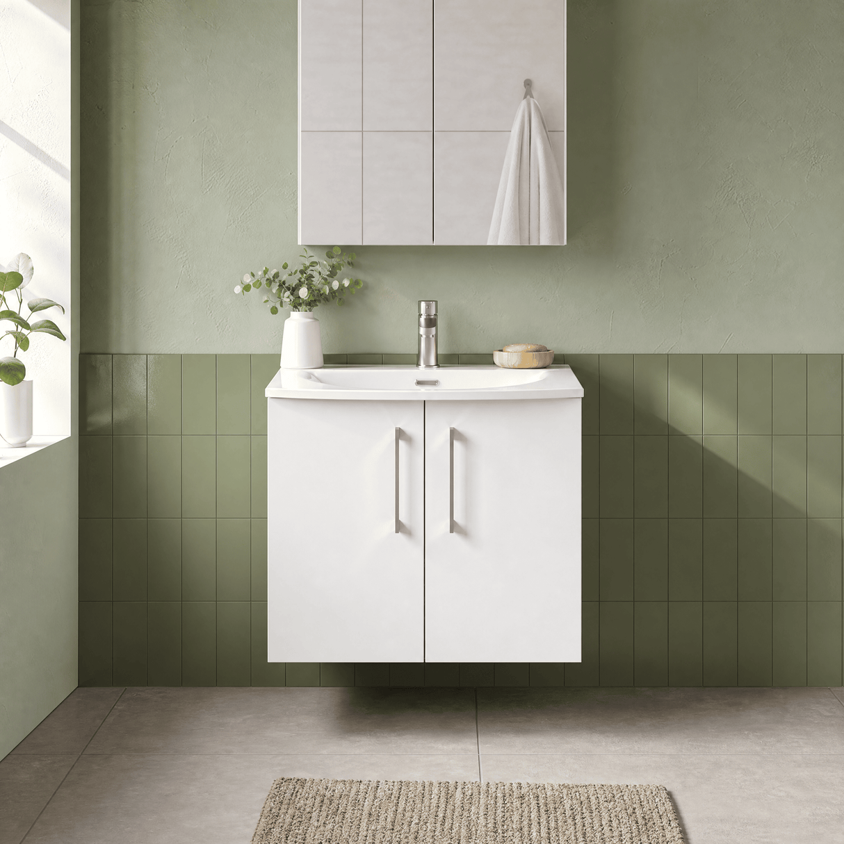 [BFLE123G] Balterley  Contemporary Bathroom 2-Door Wall-Hung Curved Basin Vanity Unit, Gloss White, 600mm - Silo