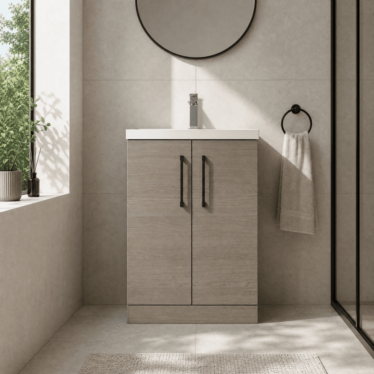 [BFLE123H018] Bramshall Contemporary Compact Floor Standing Vanity Basin Unit with Polymarble Basin, 600mm, Choice of Colour and Handle Finish - Silo