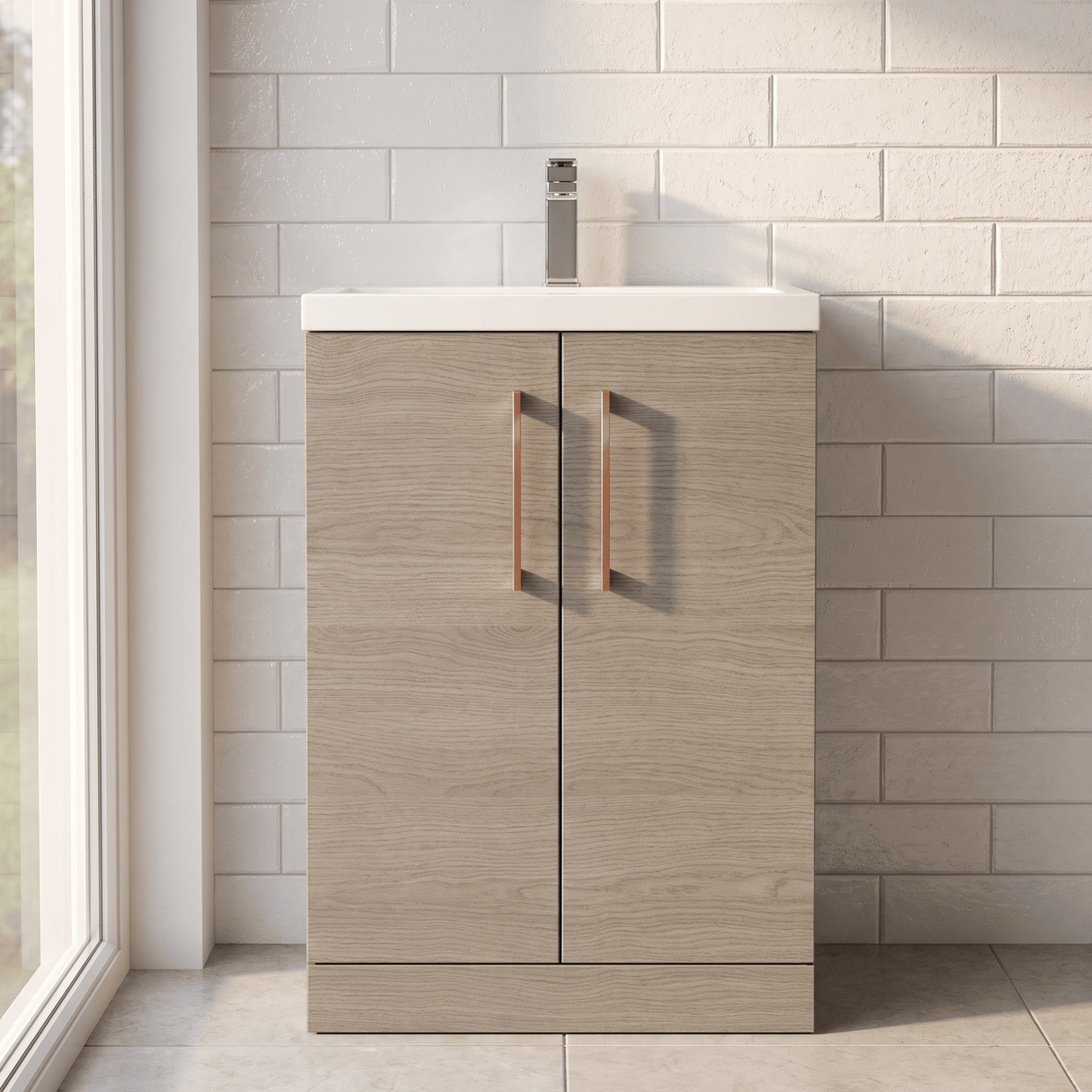 [BFLE123H019] Bramshall Contemporary Compact Floor Standing Vanity Basin Unit with Polymarble Basin, 600mm, Choice of Colour and Handle Finish - Lifestyle 1