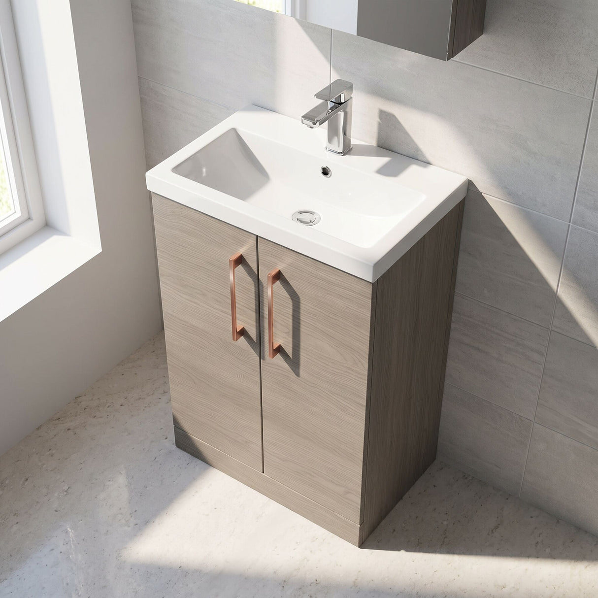 [BFLE123H019] Bramshall Contemporary Compact Floor Standing Vanity Basin Unit with Polymarble Basin, 600mm, Choice of Colour and Handle Finish - Lifestyle 2