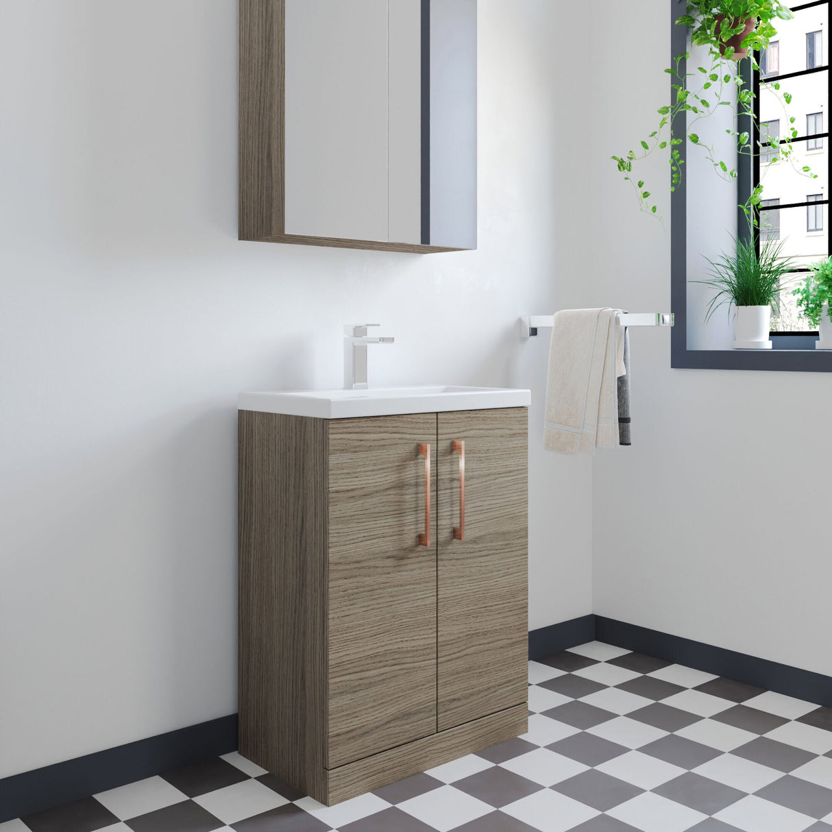 [BFLE123H019] Bramshall Contemporary Compact Floor Standing Vanity Basin Unit with Polymarble Basin, 600mm, Choice of Colour and Handle Finish - Lifestyle 3