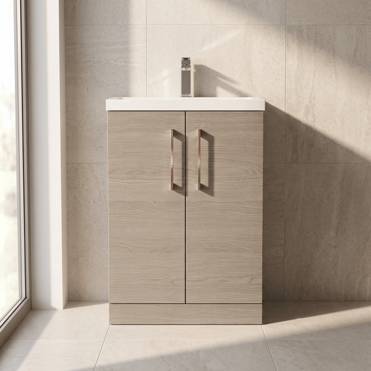 [BFLE123H019] Bramshall Contemporary Compact Floor Standing Vanity Basin Unit with Polymarble Basin, 600mm, Choice of Colour and Handle Finish - Silo