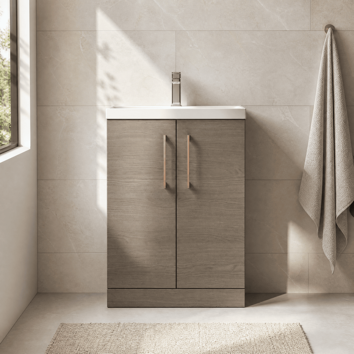 [BFLE123H1516] Bramshall Contemporary Compact Floor Standing Vanity Basin Unit with Polymarble Basin, 600mm, Choice of Colour and Handle Finish - Lifestyle 1