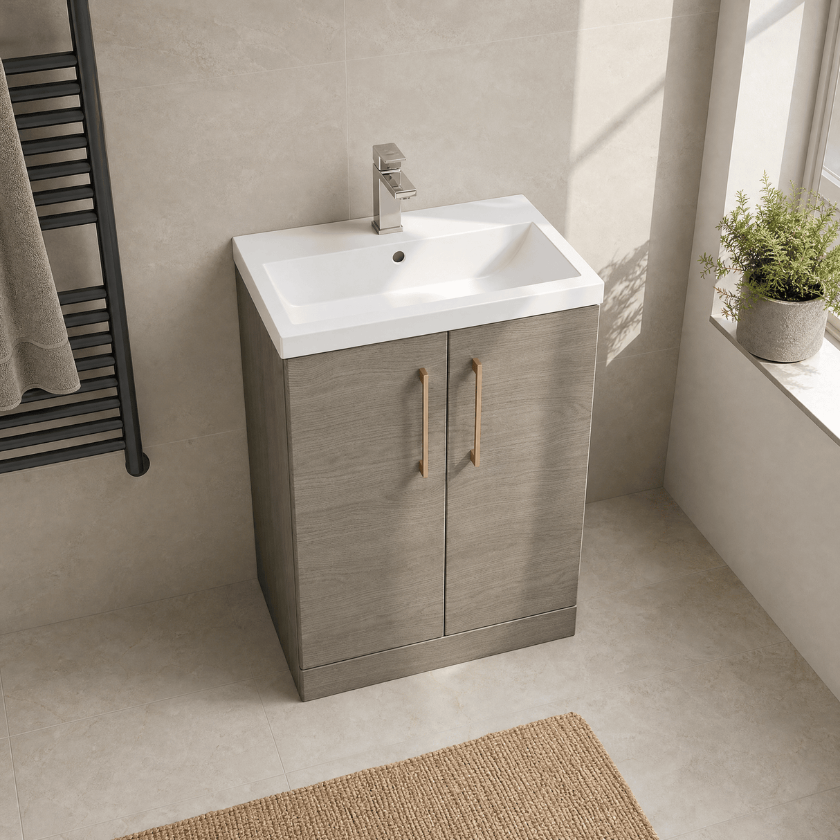 [BFLE123H1516] Bramshall Contemporary Compact Floor Standing Vanity Basin Unit with Polymarble Basin, 600mm, Choice of Colour and Handle Finish - Lifestyle 2