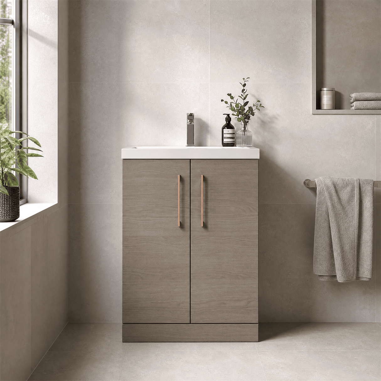 [BFLE123H1516] Bramshall Contemporary Compact Floor Standing Vanity Basin Unit with Polymarble Basin, 600mm, Choice of Colour and Handle Finish - Silo
