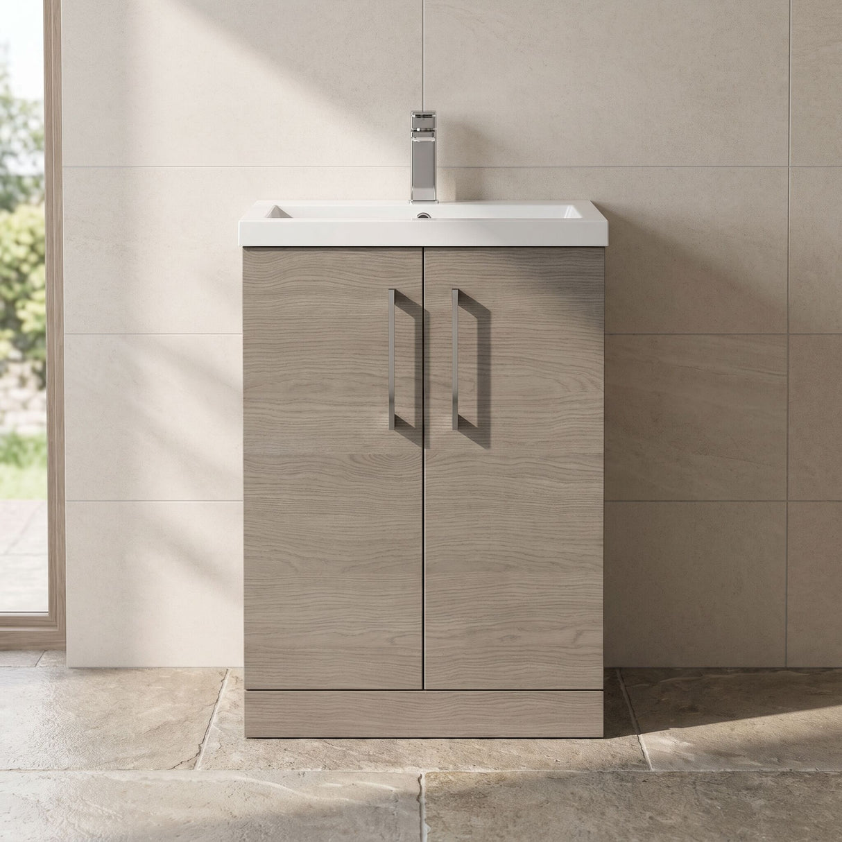 [BFLE123H716] Bramshall Contemporary Compact Floor Standing Vanity Basin Unit with Polymarble Basin, 600mm, Choice of Colour and Handle Finish - Silo