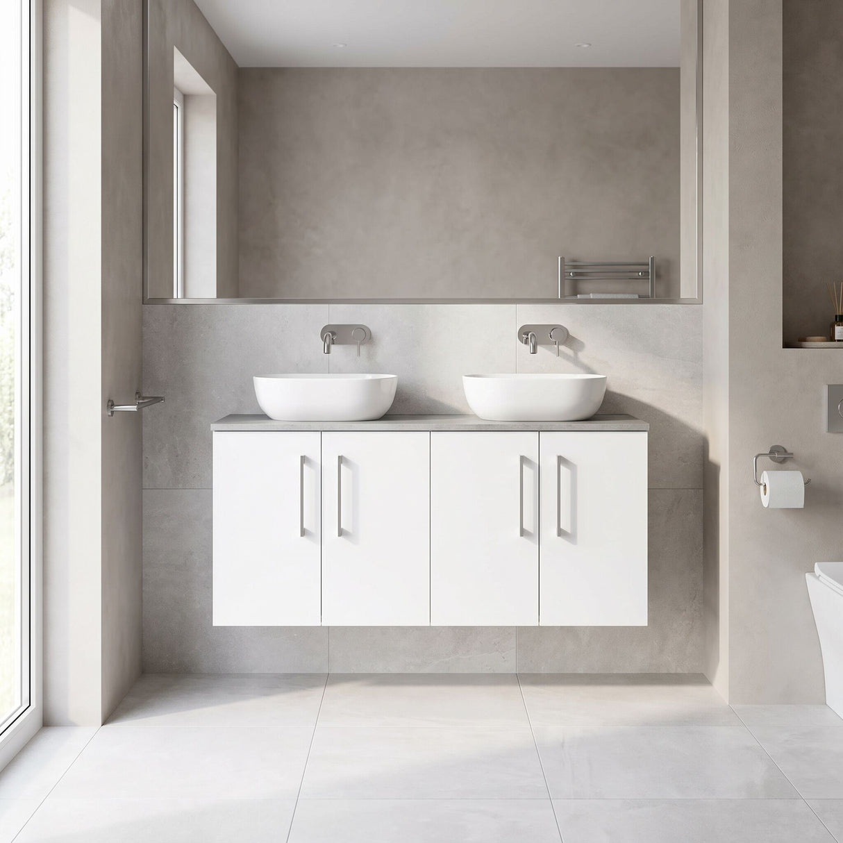 [BFLE123LBG2] Bramshall Wall Hung 4 Door Vanity Unit with Bellato Grey Laminate Worktop, 1200mm, Choice of Colour