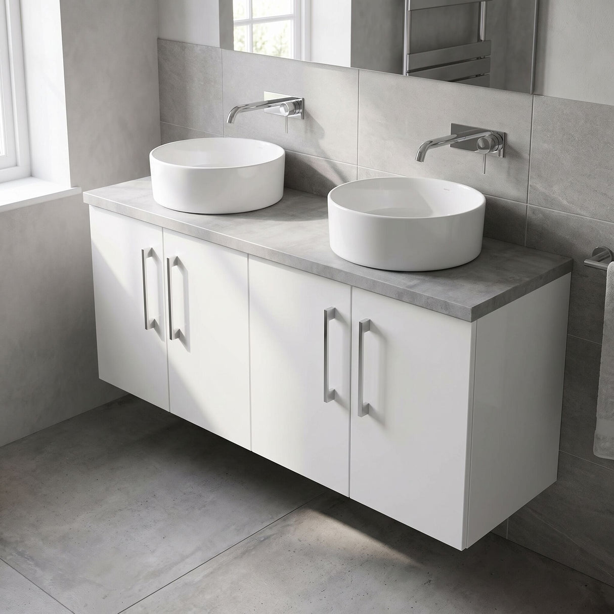 [BFLE123LBG2] Bramshall Wall Hung 4 Door Vanity Unit with Bellato Grey Laminate Worktop, 1200mm, Choice of Colour