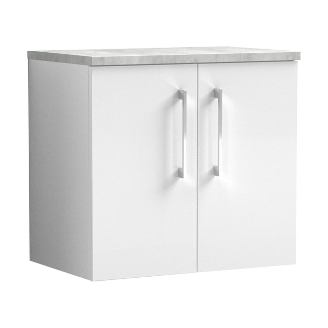 [BFLE123LBG] Balterley Level 600mm Wall Hung 2 Door Vanity Unit with Laminate Worktop for Compact Contemporary Bathroom Storage - Gloss White - Cutout