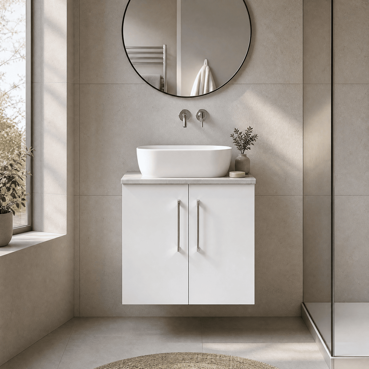 [BFLE123LBG] Bramshall Wall Hung 2 Door Vanity Unit with Bellato Grey Laminate Worktop, 600mm, Choice of Colour - Silo