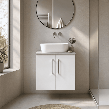 [BFLE123LBG] Bramshall Wall Hung 2 Door Vanity Unit with Bellato Grey Laminate Worktop, 600mm, Choice of Colour - Silo