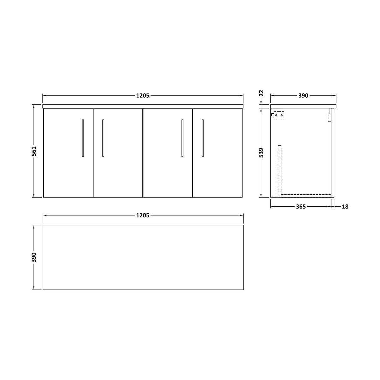 [BFLE123LCM2] Balterley Level 1200mm Wall Hung 4 Door Vanity Unit with Laminate Worktop for Spacious Contemporary Bathroom Storage Gloss White - Technical Drawing