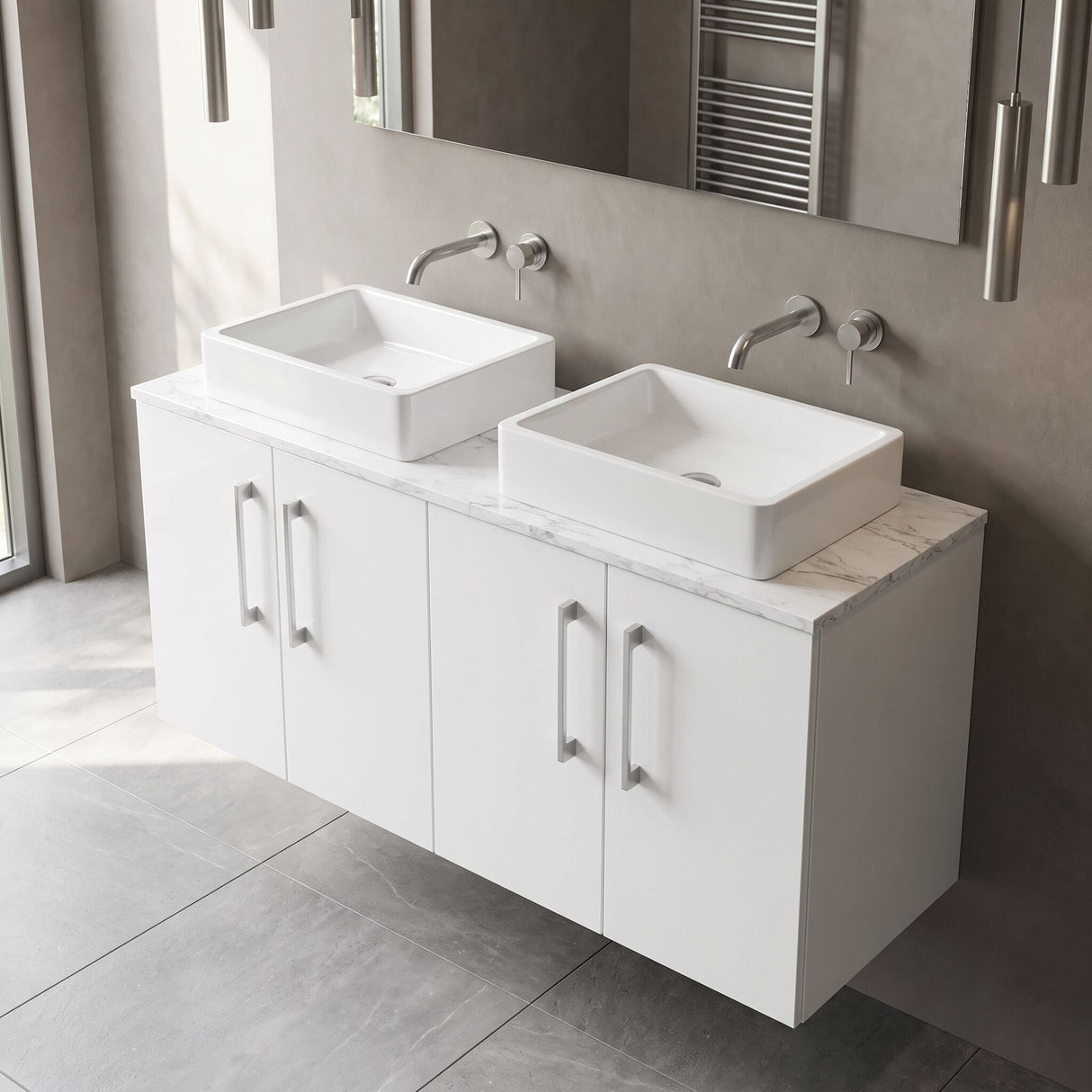 [BFLE123LCM2] Bramshall Contemporary 4 Door Wall Hung Vanity Unit with Carrera Marble Laminate Worktop, 1200mm, Choice of Colour
