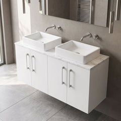 [BFLE123LCM2] Bramshall Contemporary 4 Door Wall Hung Vanity Unit with Carrera Marble Laminate Worktop, 1200mm, Choice of Colour