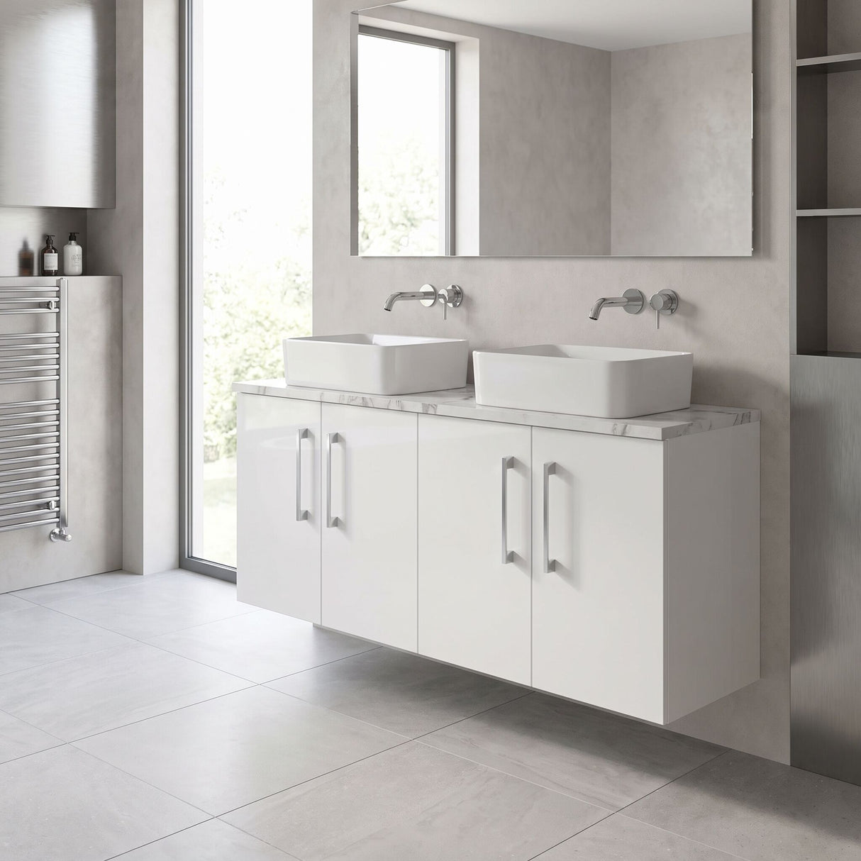 [BFLE123LCM2] Bramshall Contemporary 4 Door Wall Hung Vanity Unit with Carrera Marble Laminate Worktop, 1200mm, Choice of Colour