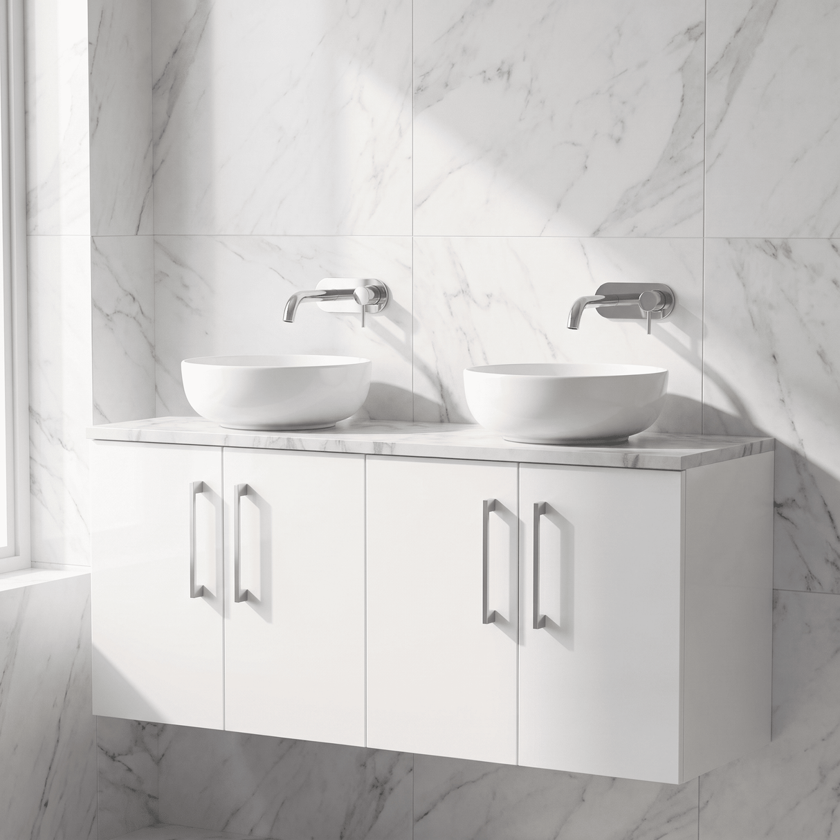 [BFLE123LCM2] Bramshall Contemporary 4 Door Wall Hung Vanity Unit with Carrera Marble Laminate Worktop, 1200mm, Choice of Colour - Silo