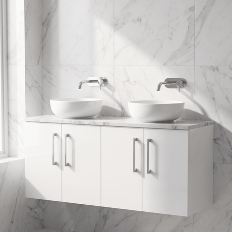 [BFLE123LCM2] Bramshall Contemporary 4 Door Wall Hung Vanity Unit with Carrera Marble Laminate Worktop, 1200mm, Choice of Colour - Silo