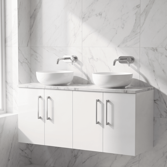 [BFLE123LCM2] Bramshall Contemporary 4 Door Wall Hung Vanity Unit with Carrera Marble Laminate Worktop, 1200mm, Choice of Colour - Silo