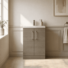 [BFLE123] Balterley Level Compact Bathroom Cloakroom Vanity Basin Unit with Polymarble Basin, Chrome Handles, 600mm, Mid Oak - Silo