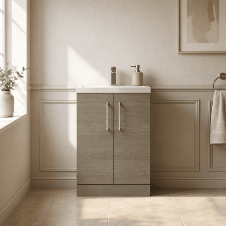 [BFLE123] Balterley Level Compact Bathroom Cloakroom Vanity Basin Unit with Polymarble Basin, Chrome Handles, 600mm, Mid Oak - Silo