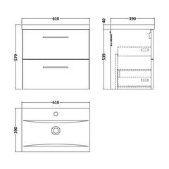 [BFLE124AH018] Bramshall Wall Hung 2 Drawer Vanity Unit with Mid-Edge Ceramic Basin - Choice of Colour, Handle Finish and Size - Technical Drawing