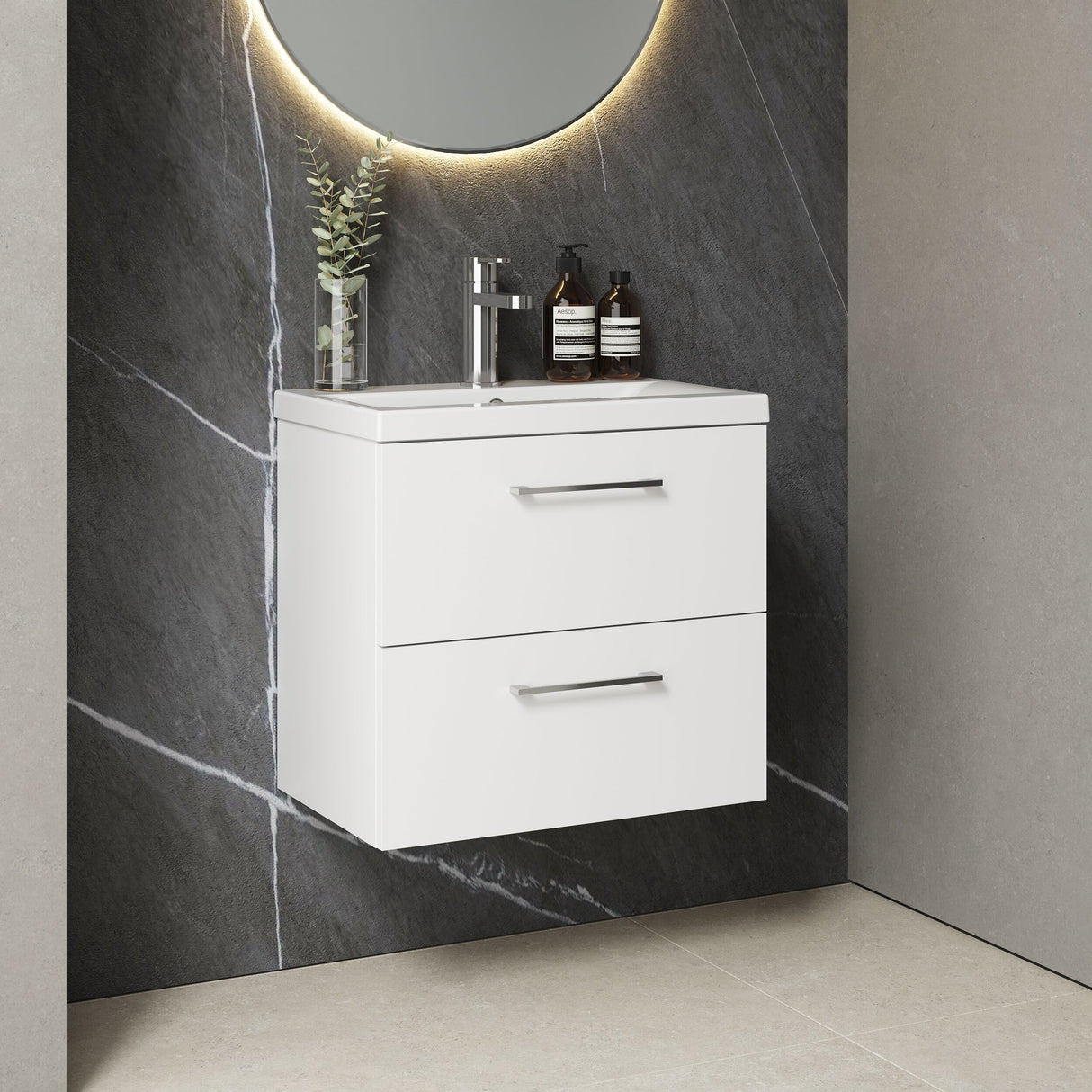 [BFLE124A] Bramshall Wall Hung 2 Drawer Vanity Unit with Mid-Edge Ceramic Basin - Choice of Colour, Handle Finish and Size - Lifestyle 3