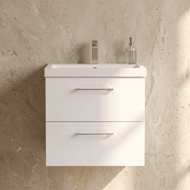 [BFLE124A] Bramshall Wall Hung 2 Drawer Vanity Unit with Mid-Edge Ceramic Basin - Choice of Colour, Handle Finish and Size - Silo
