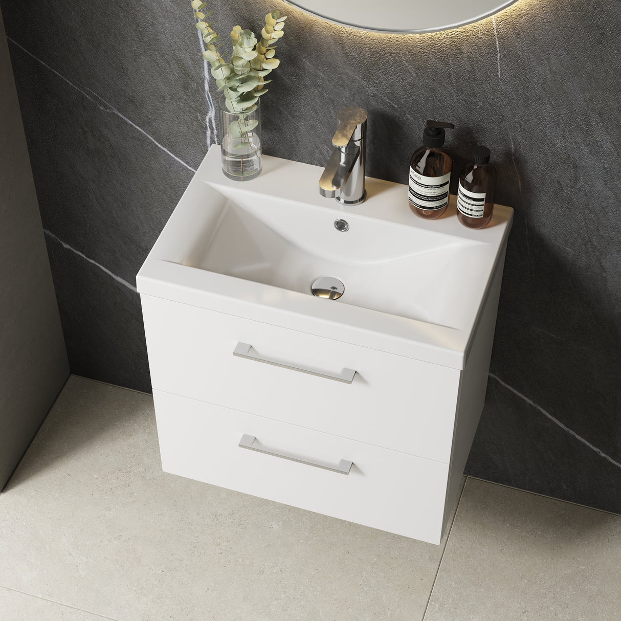 Wall Hung 2 Drawer Vanity Unit with Mid-Edge Ceramic Basin - Choice of Colour, Handle Finish and Size