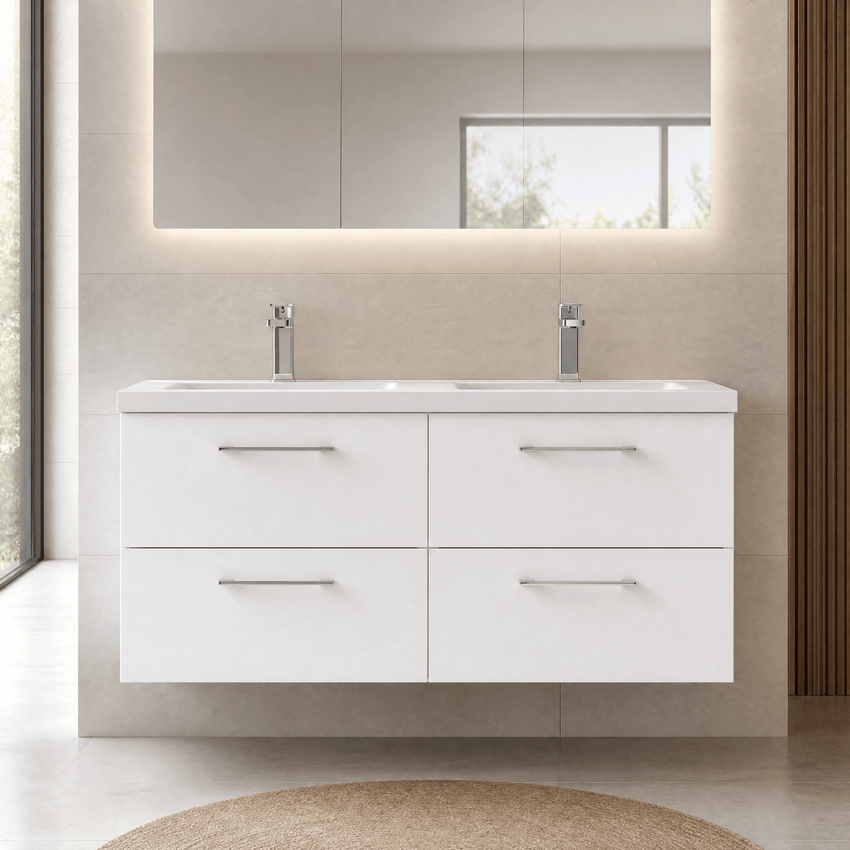 [BFLE124C2] Balterley Level 1200mm Wall Hung 4-Drawer Vanity Unit with Double Basin for Modern Bathroom Storage - Gloss White - Lifestyle 1
