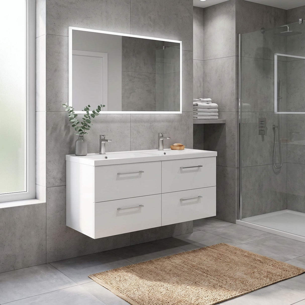 [BFLE124C2] Balterley Level 1200mm Wall Hung 4-Drawer Vanity Unit with Double Basin for Modern Bathroom Storage - Gloss White - Lifestyle 3