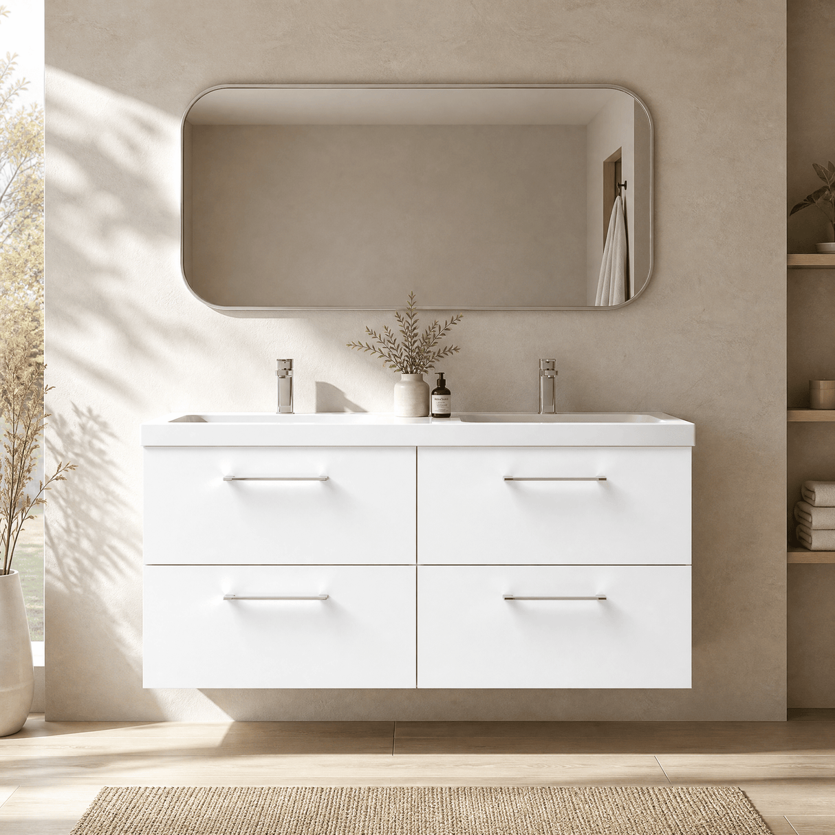 [BFLE124C2] Balterley Level 1200mm Wall Hung 4-Drawer Vanity Unit with Double Basin for Modern Bathroom Storage - Gloss White - Silo