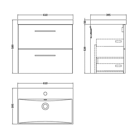 [BFLE124D] Balterley  Contemporary Bathroom 2 Soft Close Drawer & Thin-Edge Vanity Unit Basin, Gloss White, 600mm - Technical Drawing
