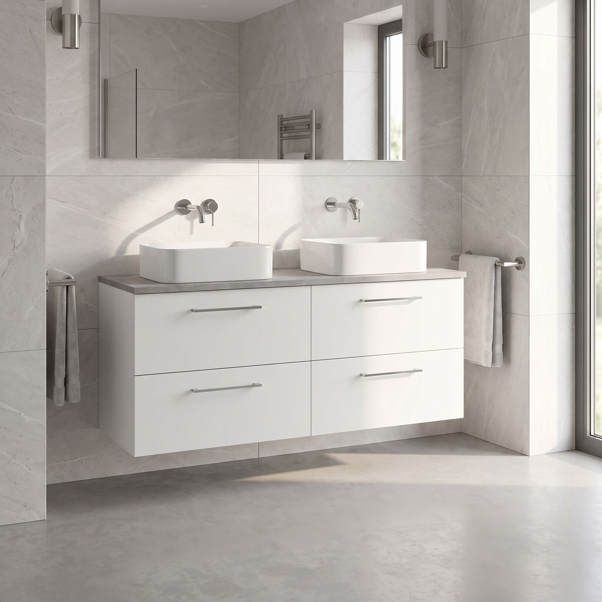 [BFLE124LBG2] Bramshall Wall Hung 4 Drawer Vanity Unit with Bellato Grey Laminate Worktop, 1200mm, Choice of Colour