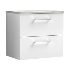 [BFLE124LBG] Balterley Level 600mm Wall Hung 2 Drawer Vanity Unit with Laminate Worktop for Compact Contemporary Bathroom Storage - Gloss White - Cutout