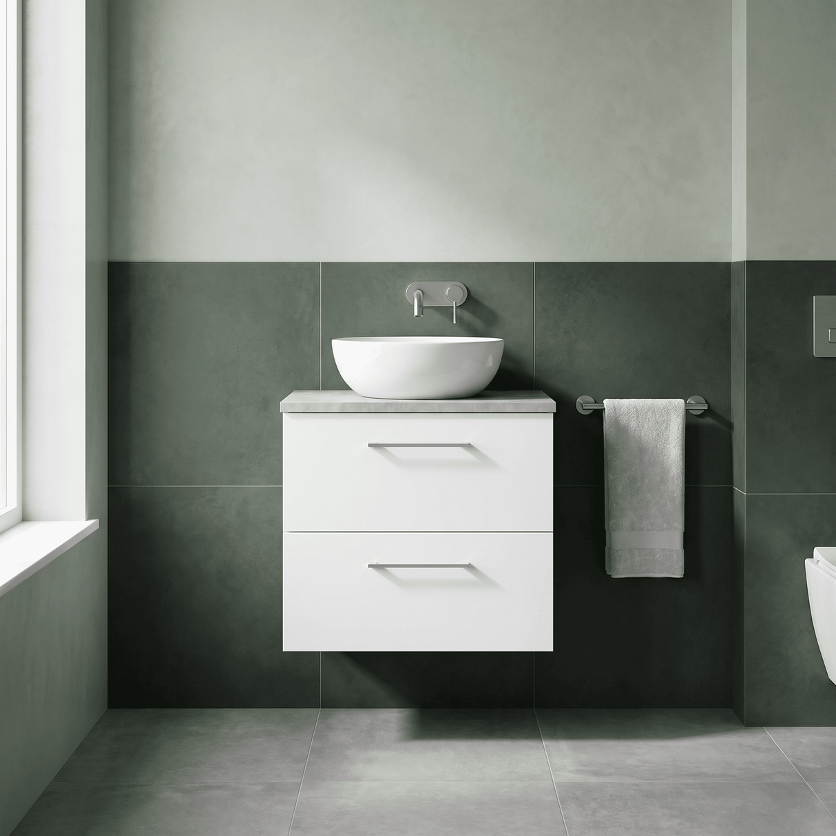 [BFLE124LBG] Bramshall Contemporary 2 Drawer Wall Hung Vanity Unit with Bellato Grey Laminate Worktop, Choice of Size and Colour
