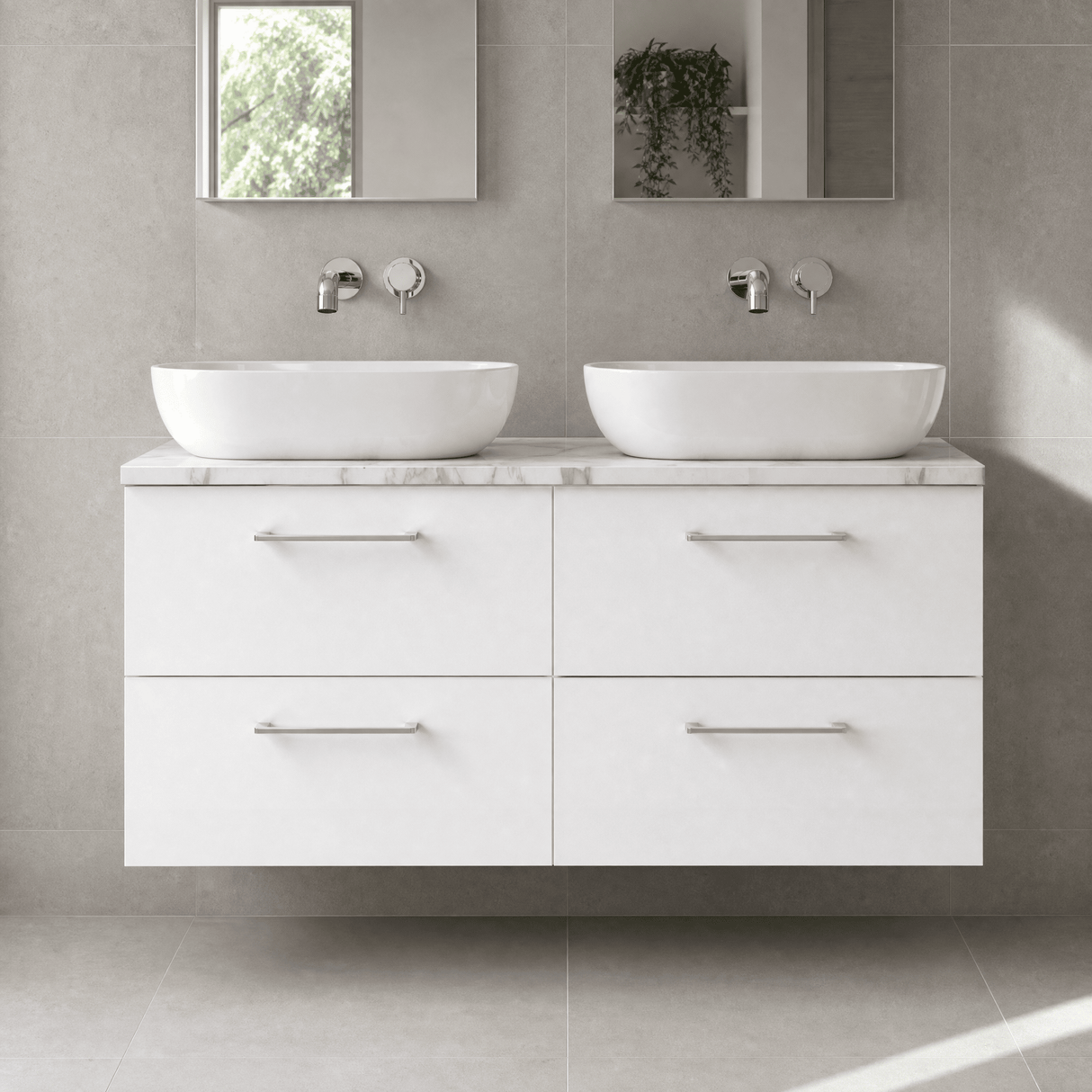 [BFLE124LCM2] Bramshall Contemporary 4 Drawer Wall Hung Vanity Unit with Carrera Marble Laminate Worktop, 1200mm, Choice of Colour