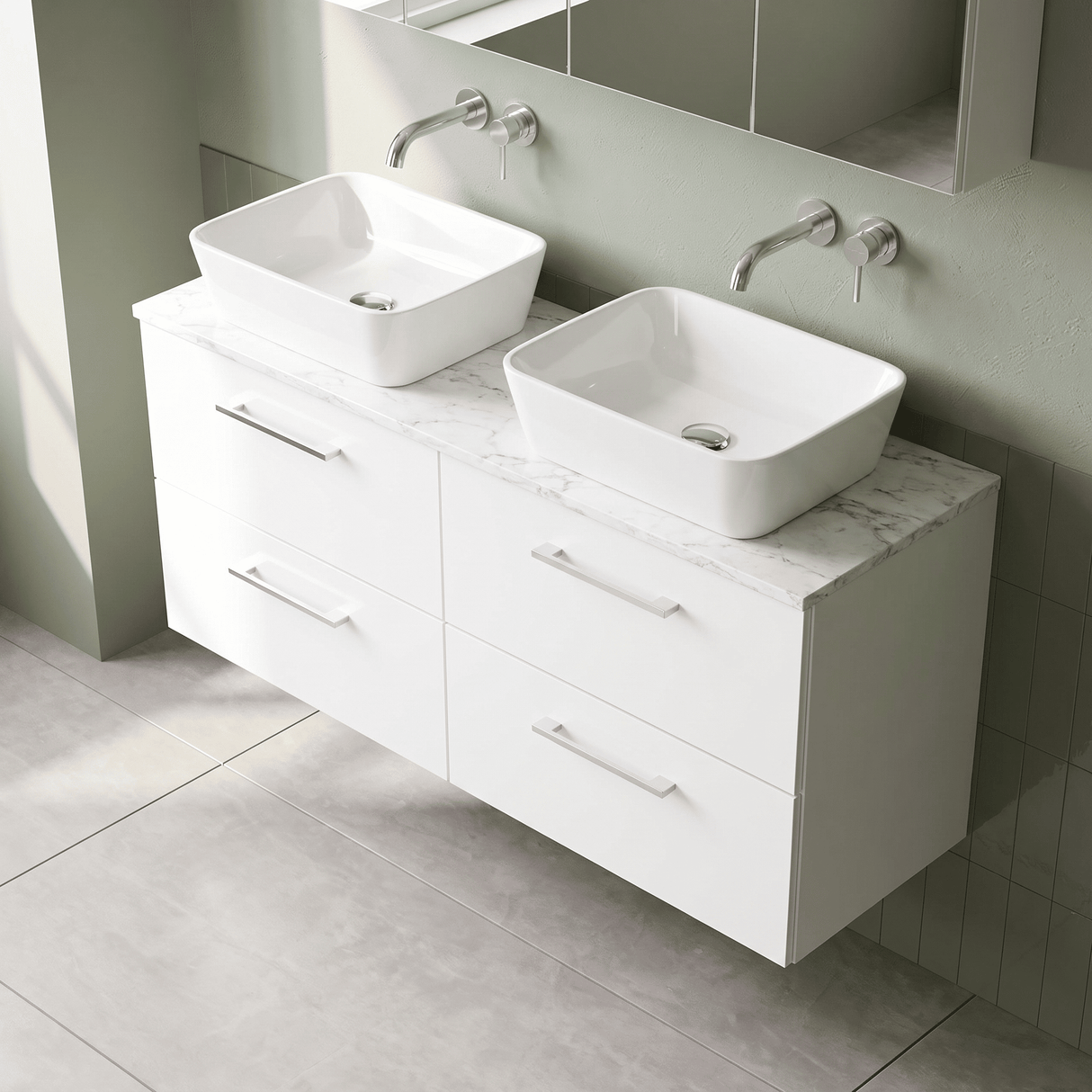 [BFLE124LCM2] Bramshall Contemporary 4 Drawer Wall Hung Vanity Unit with Carrera Marble Laminate Worktop, 1200mm, Choice of Colour