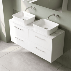 [BFLE124LCM2] Bramshall Contemporary 4 Drawer Wall Hung Vanity Unit with Carrera Marble Laminate Worktop, 1200mm, Choice of Colour