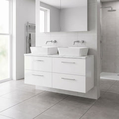 [BFLE124LCM2] Bramshall Contemporary 4 Drawer Wall Hung Vanity Unit with Carrera Marble Laminate Worktop, 1200mm, Choice of Colour