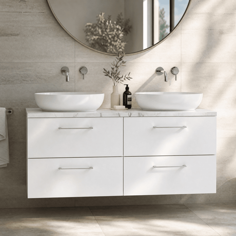 [BFLE124LCM2] Bramshall Contemporary 4 Drawer Wall Hung Vanity Unit with Carrera Marble Laminate Worktop, 1200mm, Choice of Colour - Silo