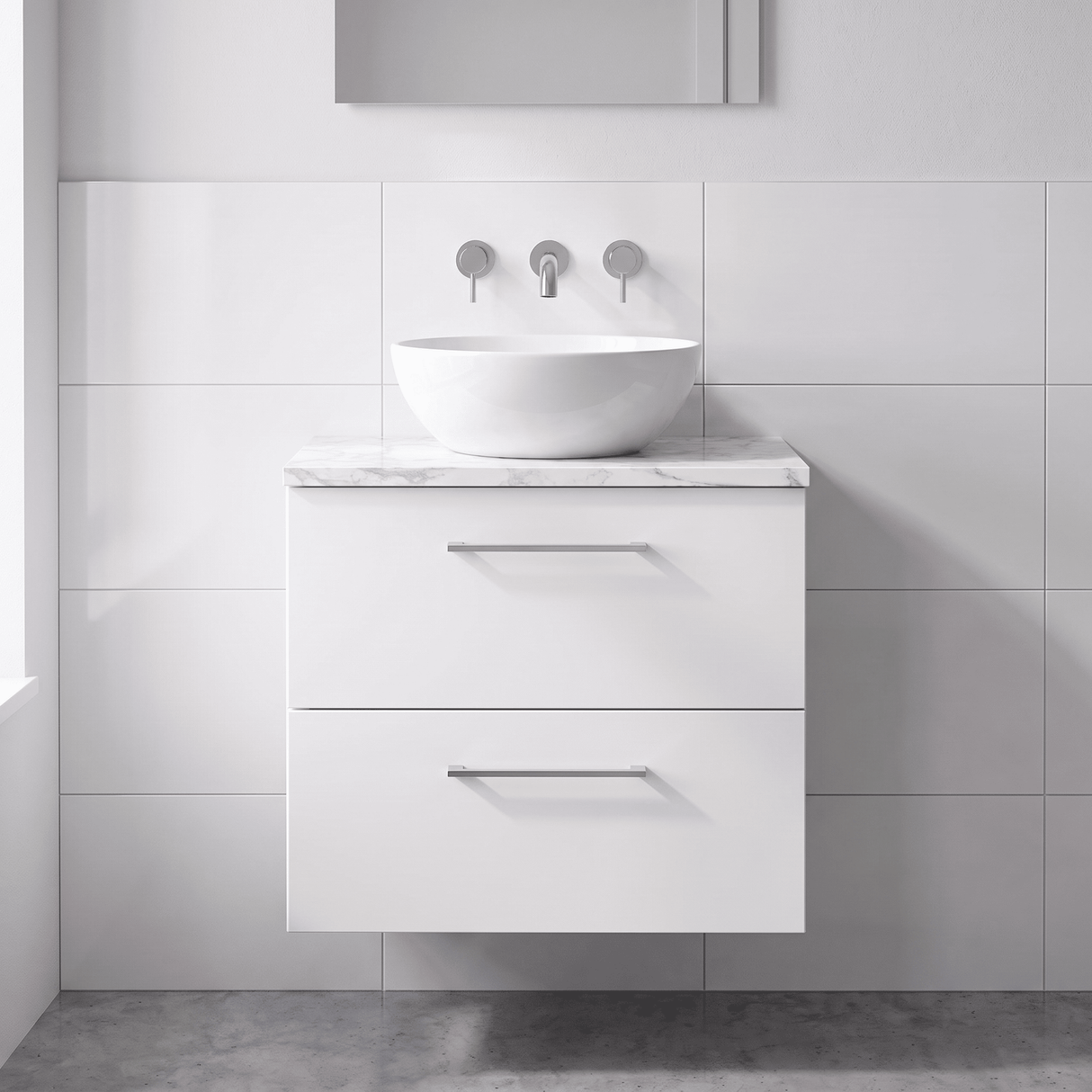 [BFLE124LCM] Bramshall Contemporary 2 Drawer Wall Hung Vanity Unit with Carrera Marble Laminate Worktop, Choice of Size and Colour