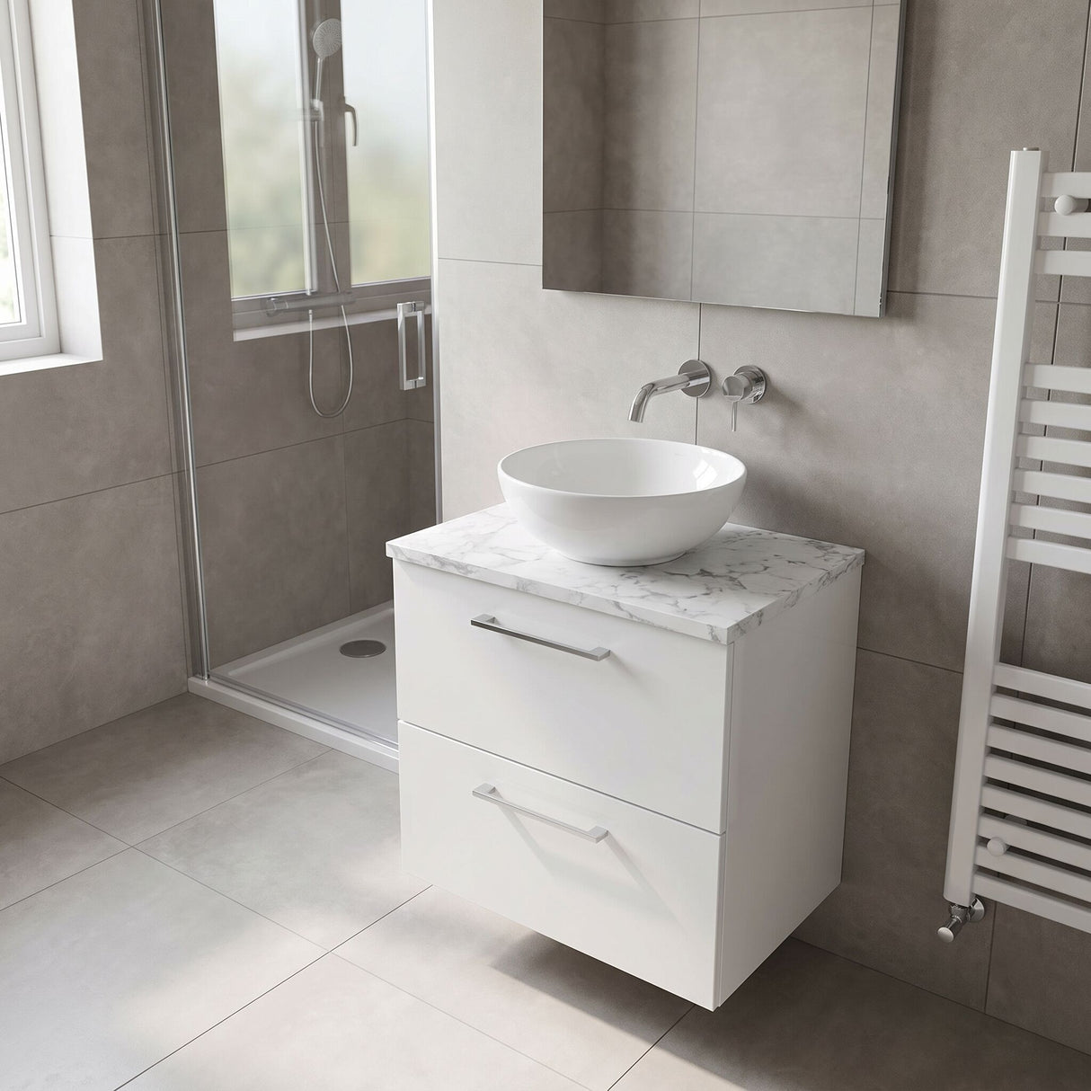 [BFLE124LCM] Bramshall Contemporary 2 Drawer Wall Hung Vanity Unit with Carrera Marble Laminate Worktop, Choice of Size and Colour